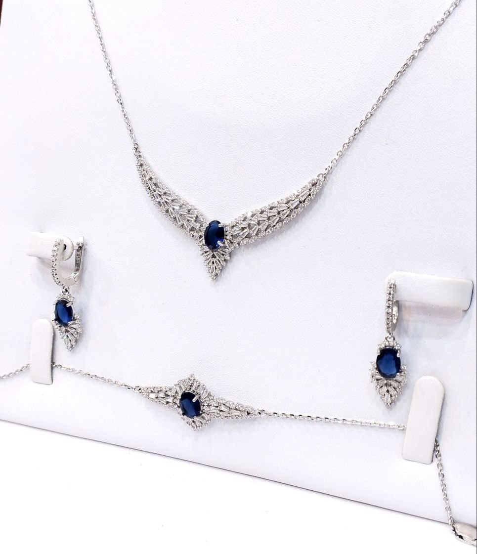 سرویس جواهری نقره مدل باران نگین رنگی نقره اصل عیار ۹۲۵ ابکاری ردیوم درجه ۱